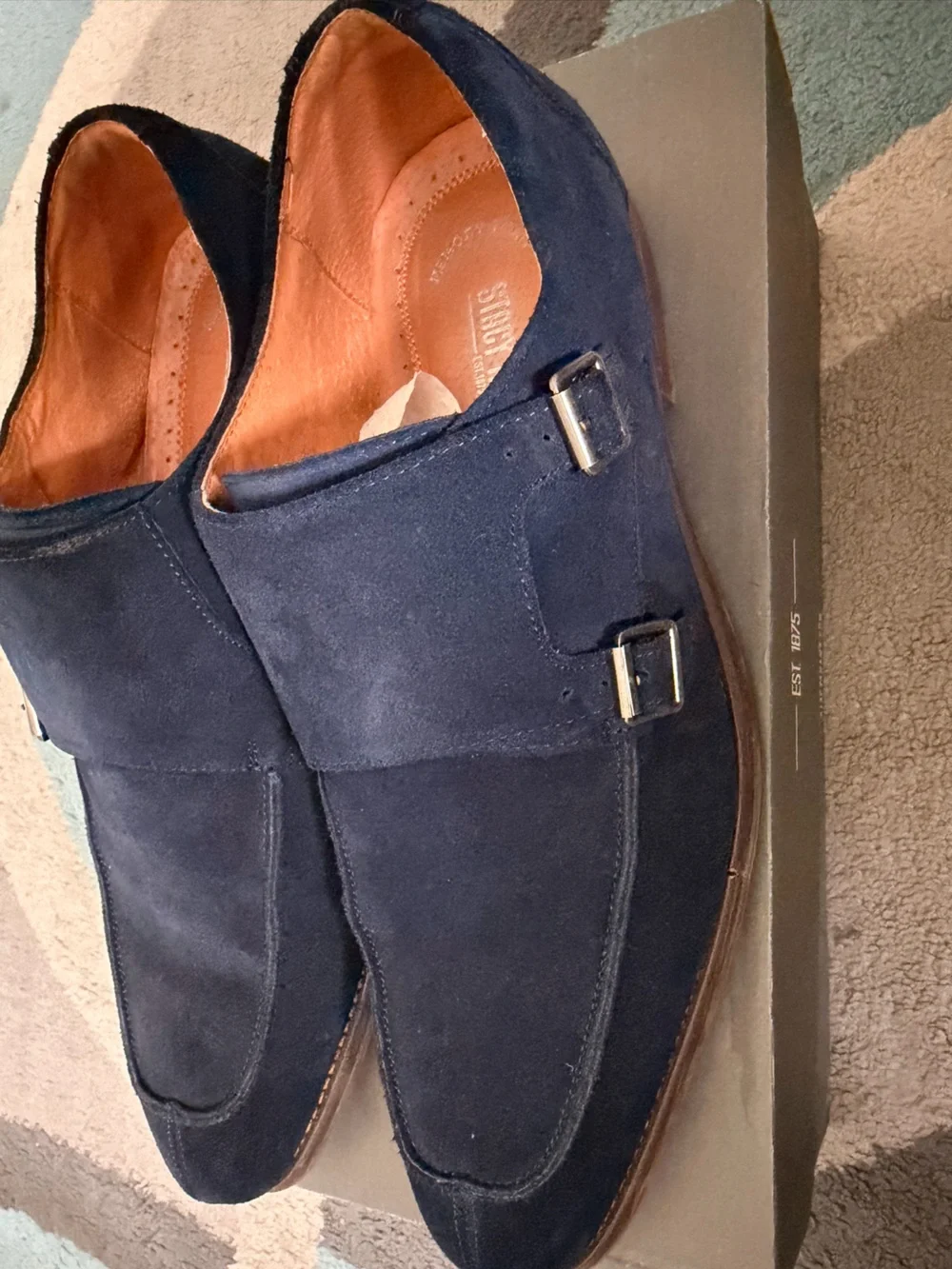 Stacy Adams Navy Suede Double Monk Strap Oxfords with Tan Lining